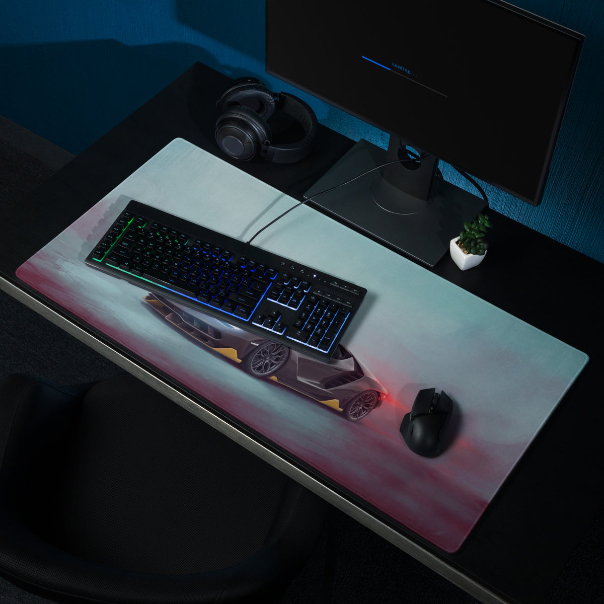 A sleek rectangular Lamborghini Centenario inspired carbon gold XL gaming mousepad with a vibrant futuristic sports car design