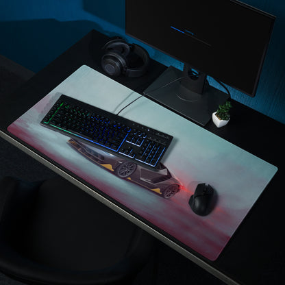 A sleek rectangular Lamborghini Centenario inspired carbon gold XL gaming mousepad with a vibrant futuristic sports car design