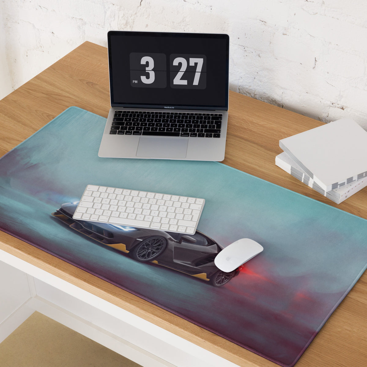 A sleek xl carbon gold gaming mousepad featuring a vibrant black lamborghini with glowing red accents