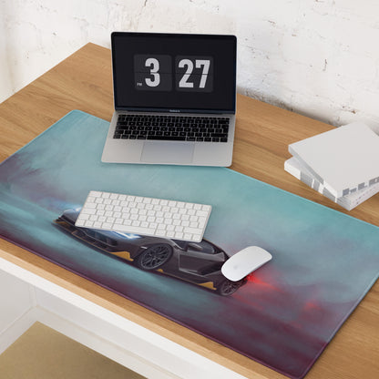 A sleek xl carbon gold gaming mousepad featuring a vibrant black lamborghini with glowing red accents