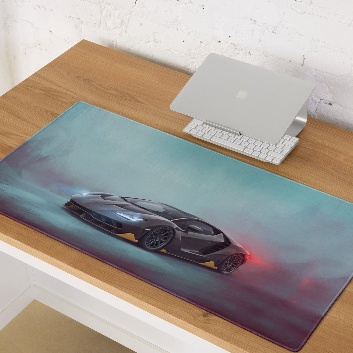 Lamborghini centenario inspired carbon gold desk mat featuring a black lamborghini huracán graphic on soft-textured surface