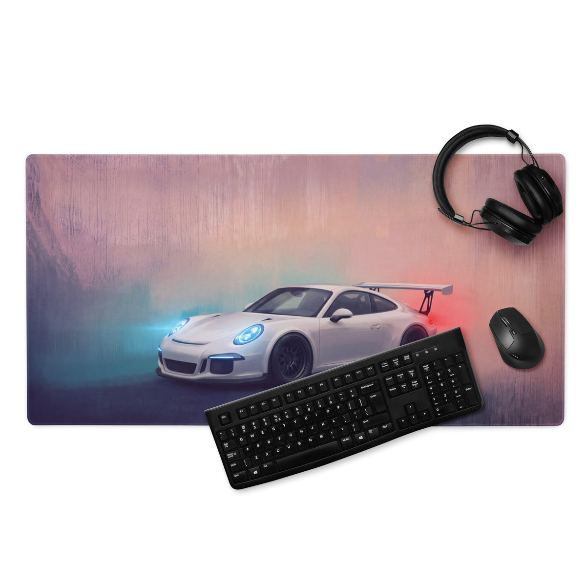 White Porsche 911 GT3 inspired sports car graphic on a stitched edge pink blue gradient desk pad mouse mat