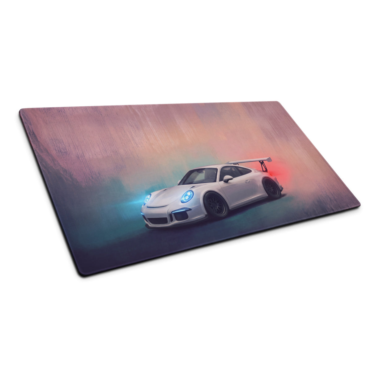 White porsche 911 sports car graphic printed on a vibrant blue and red lit gt3 inspired pure white gaming mousepad