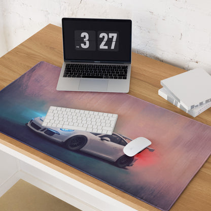Rectangular ultra-glide stitched edge gaming mousepad with a vibrant silver Porsche 911 GT3 design on pure white background