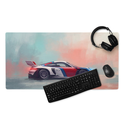 Rectangular low-friction cloth gaming mousepad with vibrant white red and blue porsche 911 illustration on pastel background