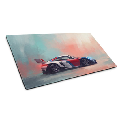 Rectangular glass cutting board with a vibrant red white porsche race car illustration on a smoky gradient background