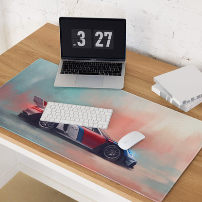 Porsche 911 inspired heritage livery desk mat featuring a red and blue race car on a low-friction cloth mousepad