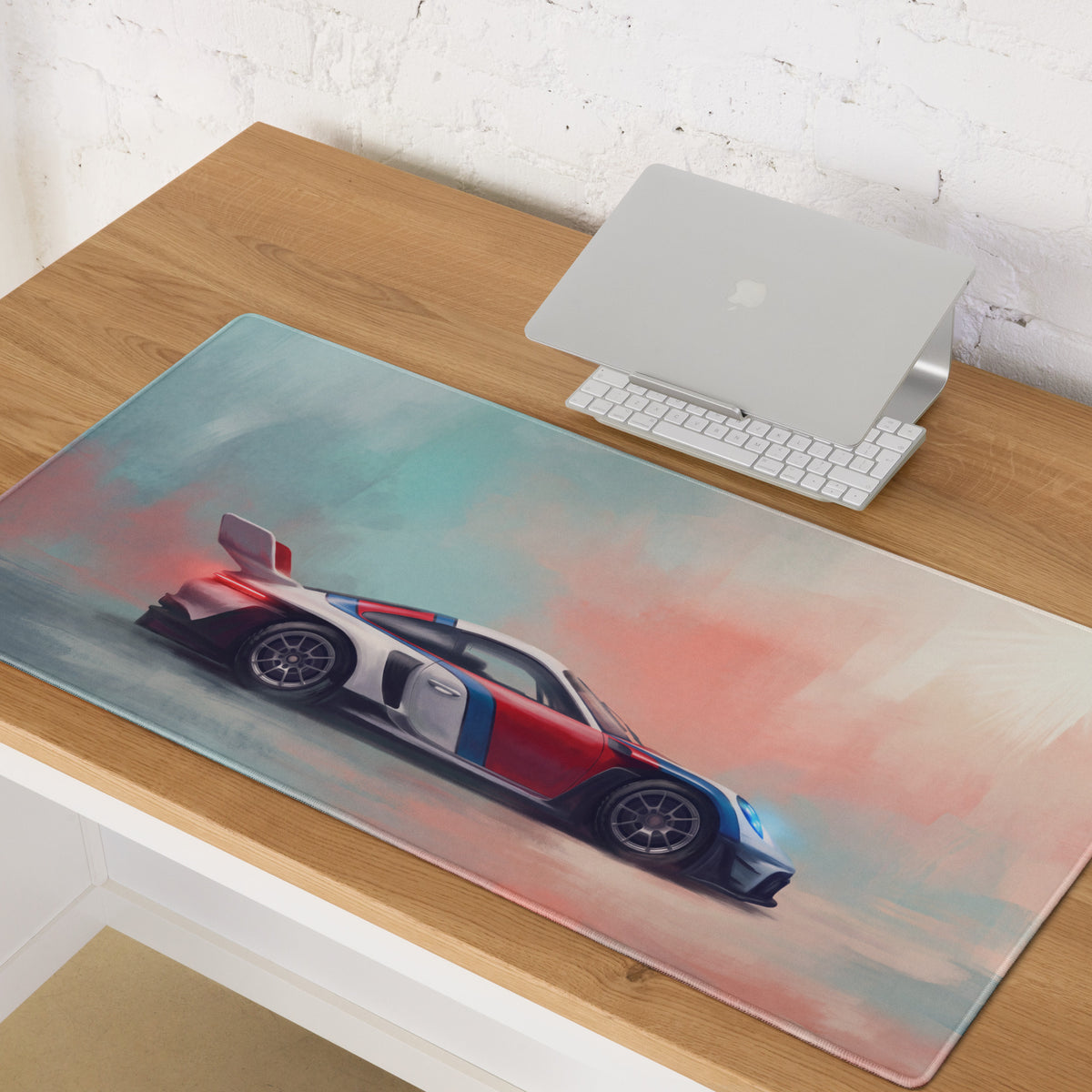 Porsche 911 inspired heritage livery desk mat featuring a vibrant red white and blue racing car on low friction cloth