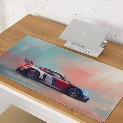 Porsche 911 inspired heritage livery desk mat featuring a vibrant red white and blue racing car on low friction cloth