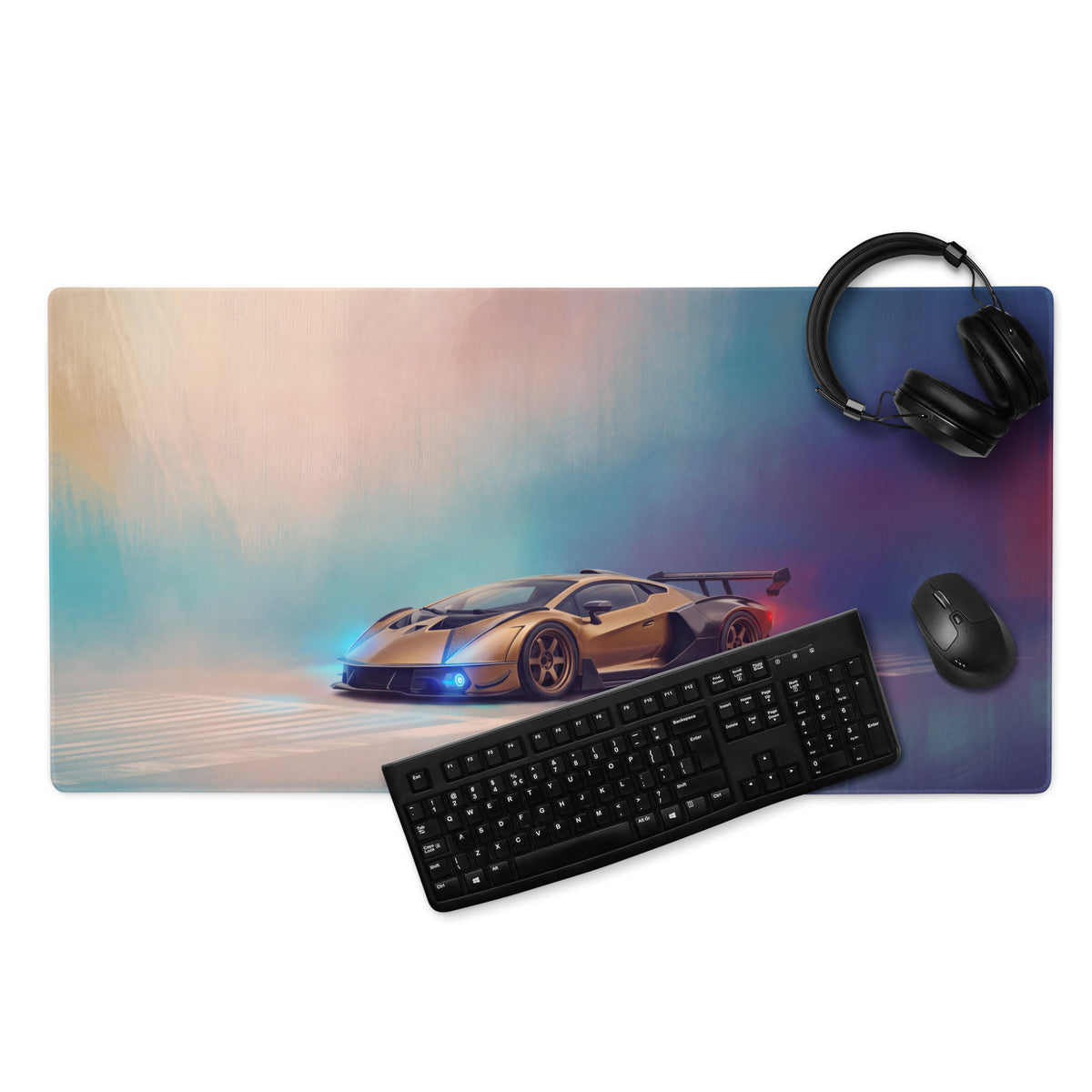 Rectangular gaming mousepad with vibrant gradient background and gold lamborghini sports car design non slip surface