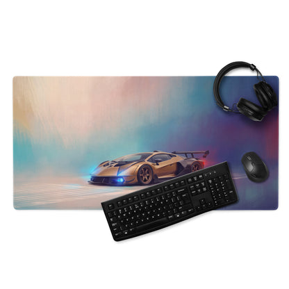 Rectangular gaming mousepad with vibrant gradient background and gold lamborghini sports car design non slip surface