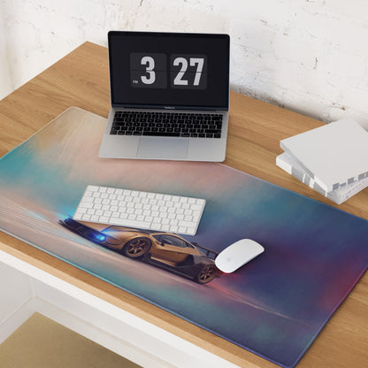 A sleek rectangular bronze apex desk pad with a vibrant gradient and gold black Lamborghini Veneno sports car design