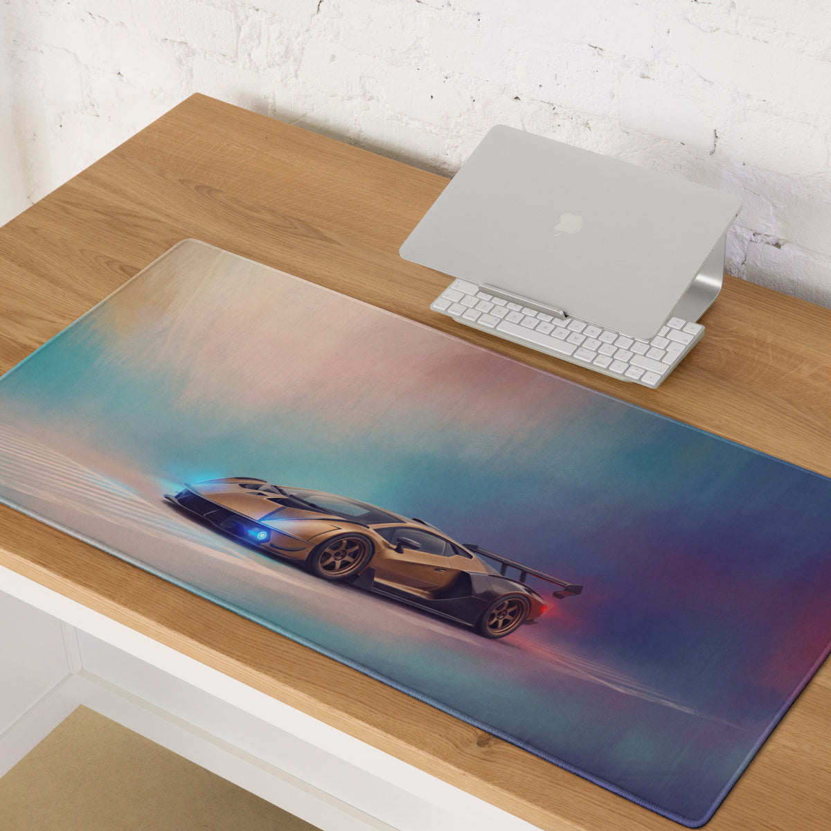 A sleek rectangular non-slip gaming mousepad featuring a gold and black lamborghini graphic on a blue purple gradient