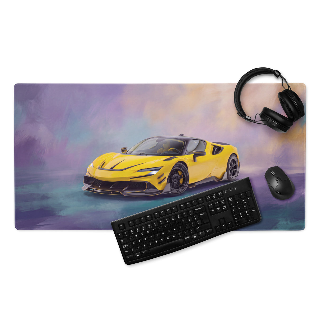 Yellow Ferrari SF90 XX inspired giallo flare desk mat with sports car graphic black keyboard and mouse nearby