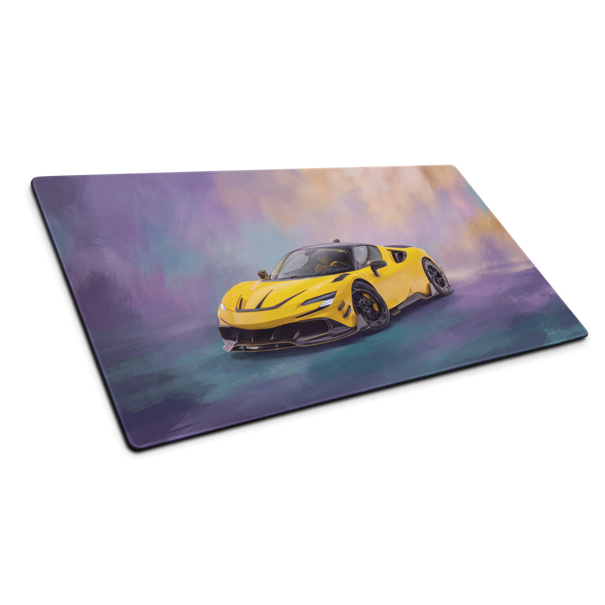 A vibrant yellow Ferrari SF90 XX inspired giallo flare illustration on a rectangular glass cutting board