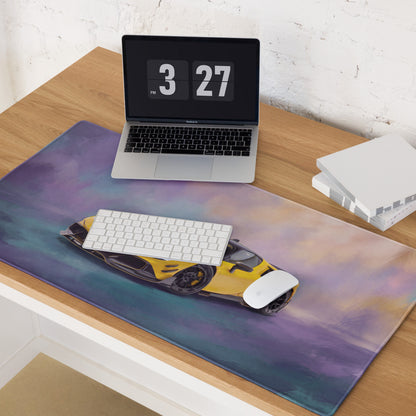 Yellow sports car graphic on purple and teal gradient ferrari sf90 xx inspired giallo flare xl gaming desk mat