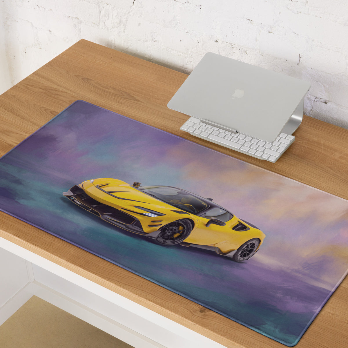 Yellow sports car graphic on ferrari sf90 xx inspired giallo flare rectangular soft mousepad with purple teal sky background