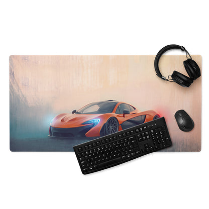 Orange mclaren sports car graphic printed on a rectangular stitched edge volcano horizon desk pad for gaming use