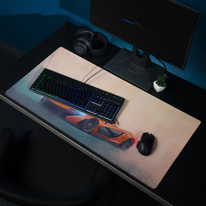 Orange sports car graphic on smooth textured rectangular McLaren P1 inspired volcano horizon gaming mousepad