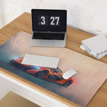 Orange sports car graphic printed on a large rectangular stitched edge gaming mousepad for ultra-glide use