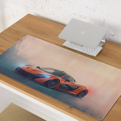 Orange mclaren sports car graphic printed on large rectangular stitched edge desk pad for gaming and office use