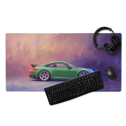 Green Porsche 911 GT3 inspired viper green desk mat with low-friction cloth surface and sports car graphic print