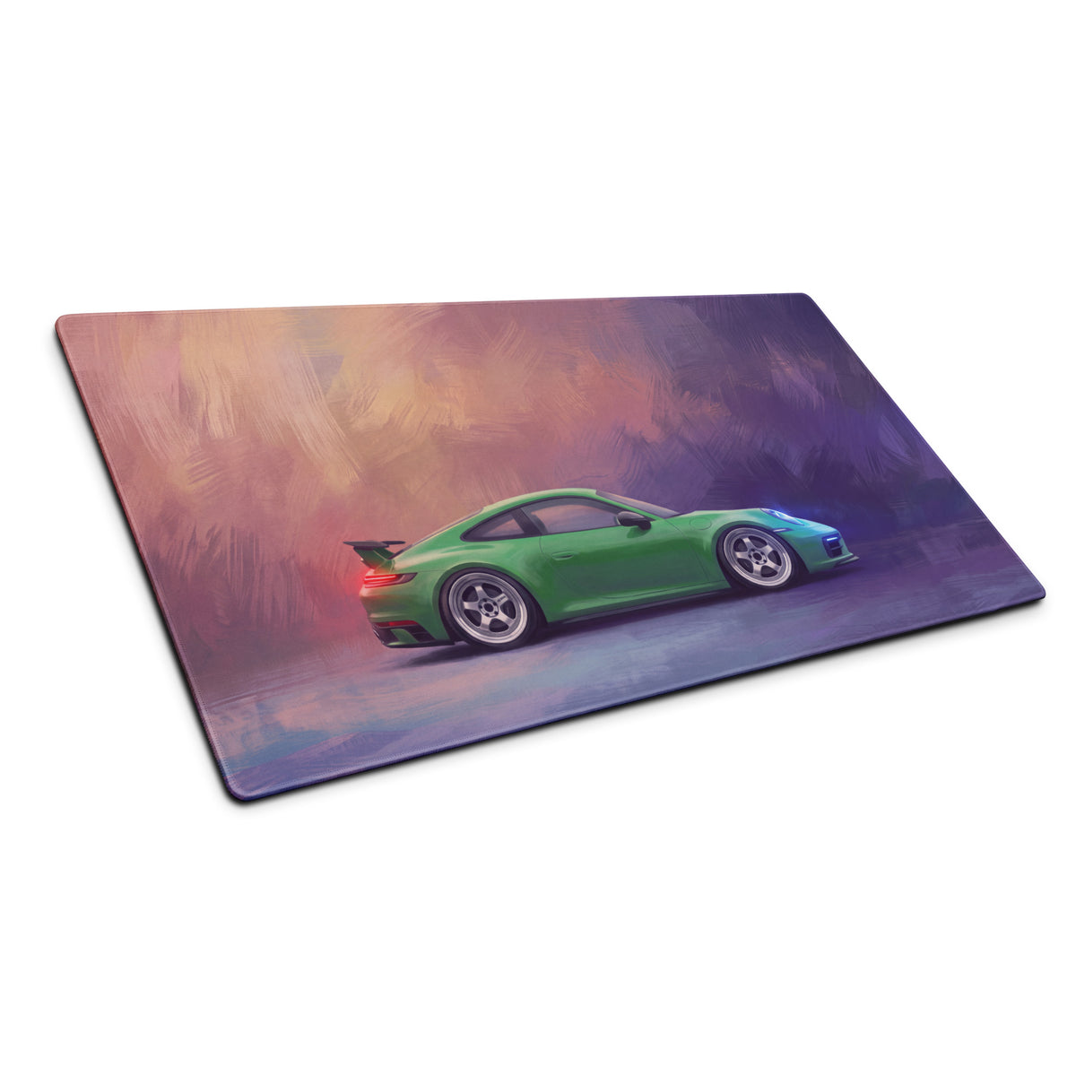 Green Porsche 911 GT3 inspired Viper green low-friction cloth desk mat with sports car illustration for mouse setup