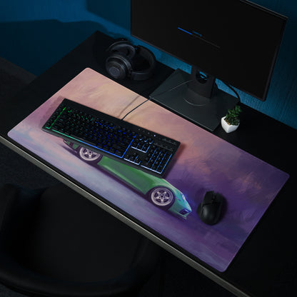 A rectangular low-friction cloth gaming mousepad with a vibrant green Porsche 911 GT3 sports car and purple pink sky design