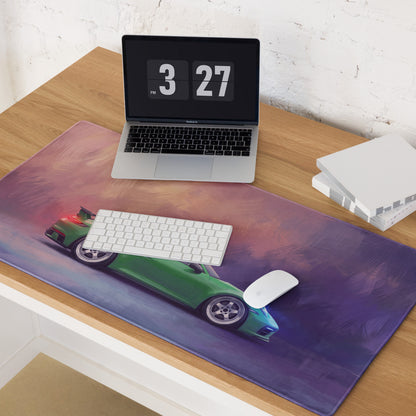 Porsche 911 gt3 inspired viper green desk mat with low-friction cloth featuring a purple pink gradient and green sports car illustration
