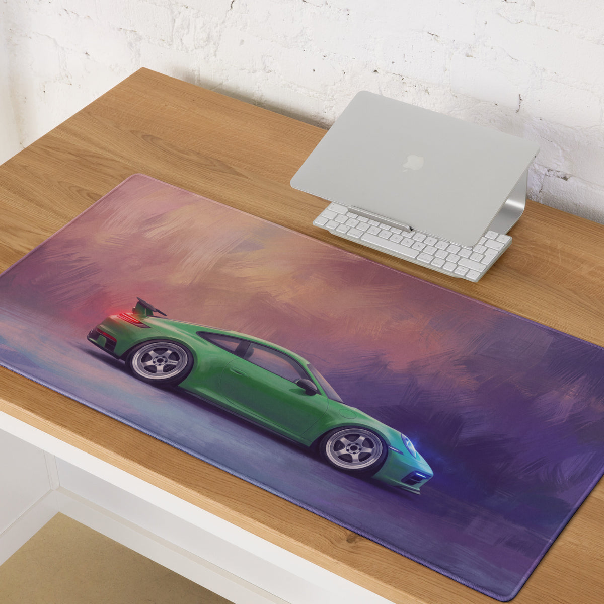 Porsche 911 gt3 inspired viper green desk mat with green porsche graphic on low friction cloth mousepad
