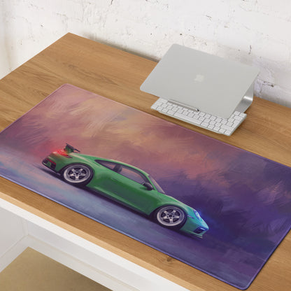 Porsche 911 gt3 inspired viper green desk mat with green porsche graphic on low friction cloth mousepad