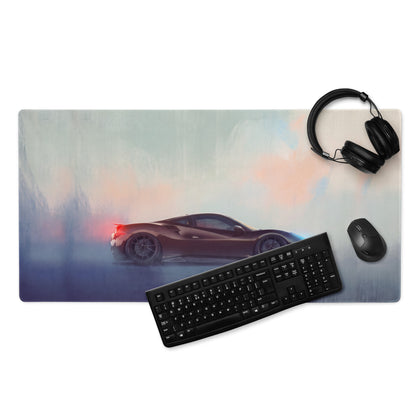 A sleek black ferrari graphic on a charcoal drift extended non-slip matte finish mousepad with soft pastel gradient background