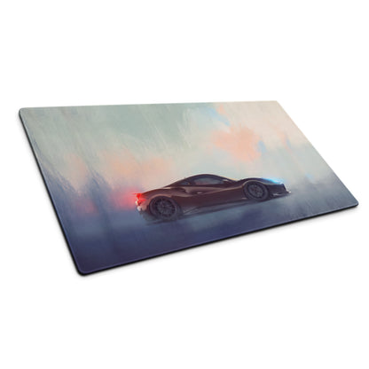 Rectangular non-slip charcoal drift desk pad with glossy finish featuring a dark red Ferrari 488 illustration