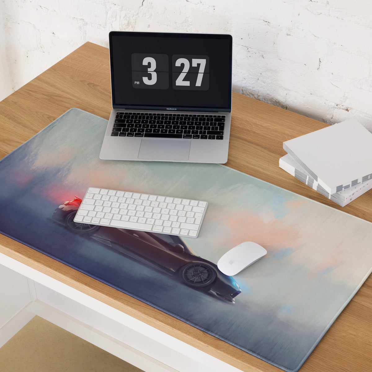 A sleek charcoal rectangular gaming mousepad with ferrari 488 inspired drifting car design and non-slip surface