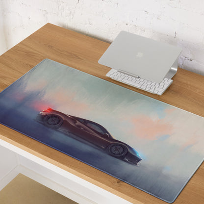 A sleek charcoal ferrari 488 inspired extended gaming mousepad with glossy finish featuring a dark sports car design
