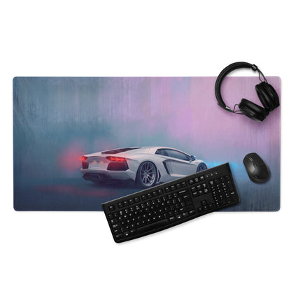 A sleek rectangular xl gaming mousepad with a vibrant white Lamborghini Aventador on purple blue gradient background