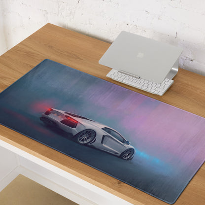A sleek silver Lamborghini Aventador inspired graphic on a purple and blue gradient xl gaming mousepad