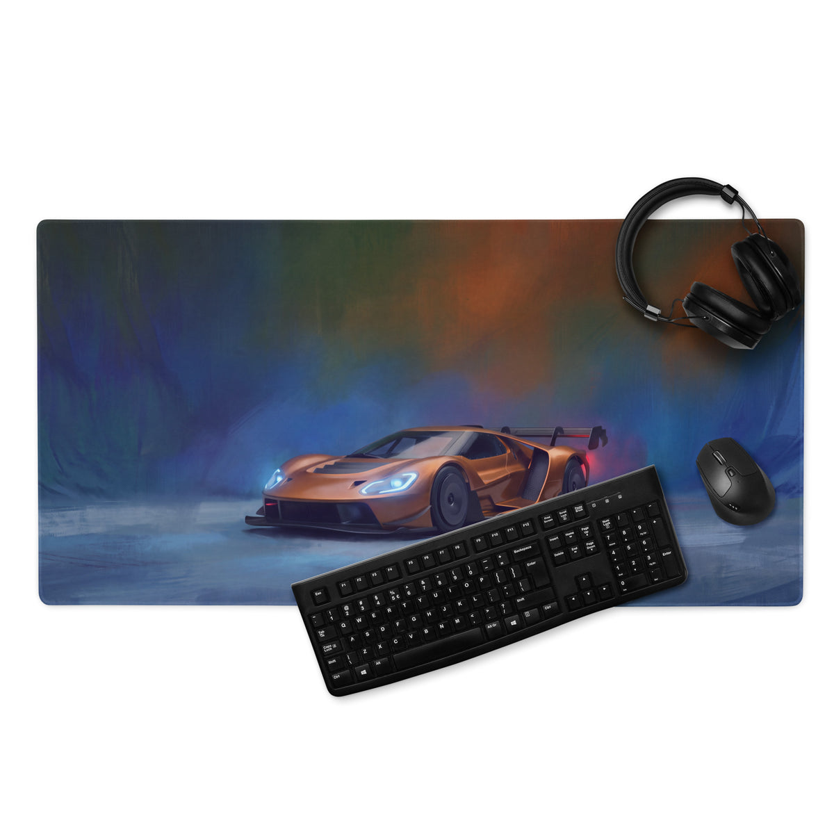 Ford GT inspired copper apex desk pad featuring an orange sports car graphic on a rectangular gaming mousepad