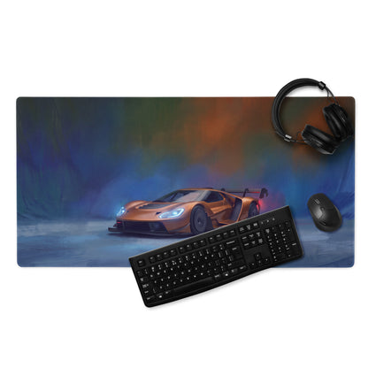 Ford GT inspired copper apex desk pad featuring an orange sports car graphic on a rectangular gaming mousepad
