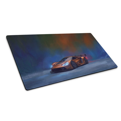 Ford gt inspired copper apex rectangular gaming mousepad with vibrant orange sports car and stitched edge design
