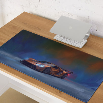 Ford gt inspired copper apex desk pad rectangular gaming mousepad with vibrant orange sports car on blue purple sky