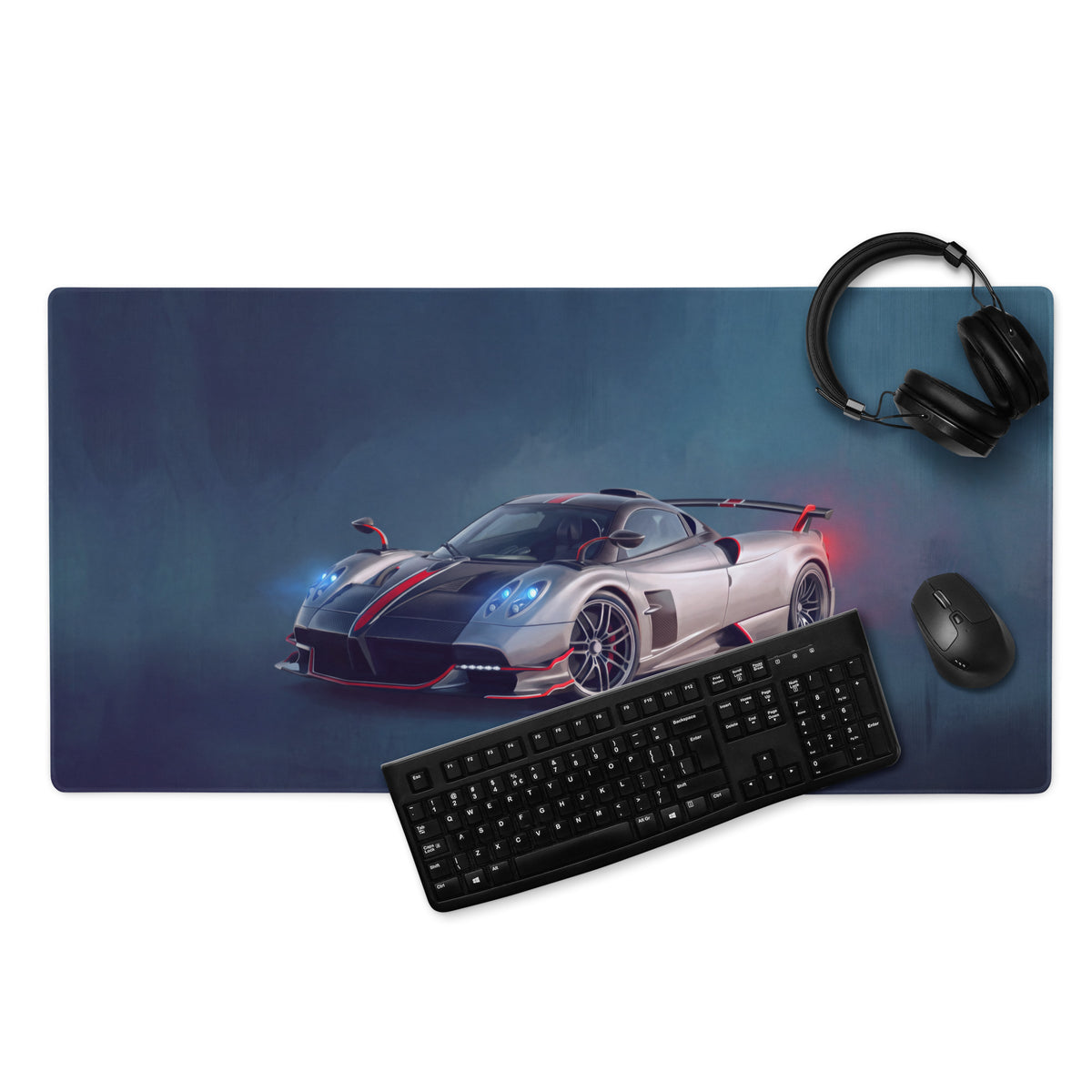 Silver and black pagani huayra sports car graphic on a rectangular low-friction cloth gaming mousepad desk mat