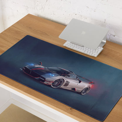 A sleek dark blue low-friction cloth gaming mousepad with a silver Pagani Huayra graphic and glowing red blue accents