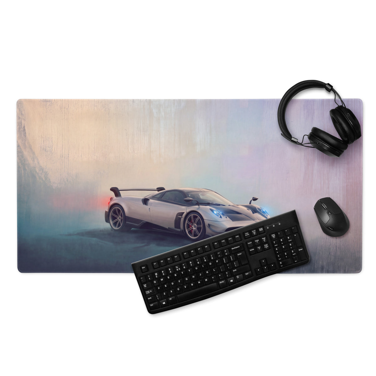 Pagani huayra inspired silver halo extended non-slip gaming mousepad with sleek silver sports car graphic and motion blur effects