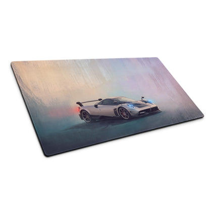 Silver pagani huayra bc sports car graphic printed on an extended non slip rectangular mousepad desk mat