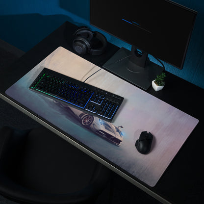Pagani huayra inspired silver halo desk pad featuring a sleek rectangular design with a white sports car and glowing blue accents