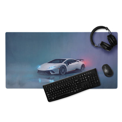 A sleek white Lamborghini Huracán graphic printed on a matte finish high precision XL gaming mousepad with blue purple lighting