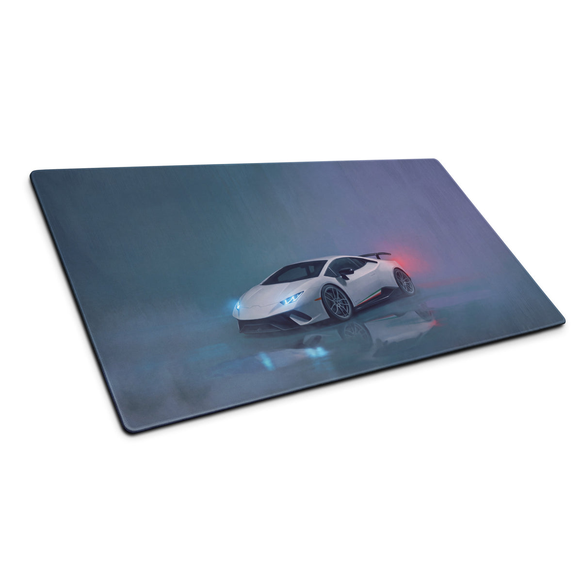 White Lamborghini Huracán sports car graphic printed on a glossy XL gaming mousepad for high precision use