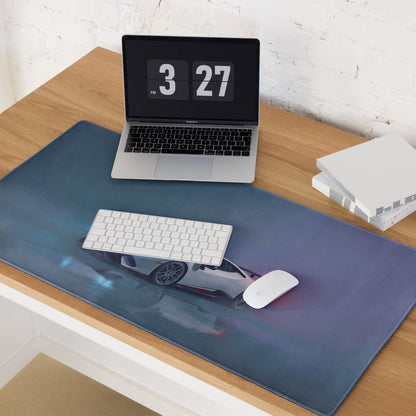 Blue rectangular high-precision gaming mousepad featuring a white lamborghini huracán performante with blue accents