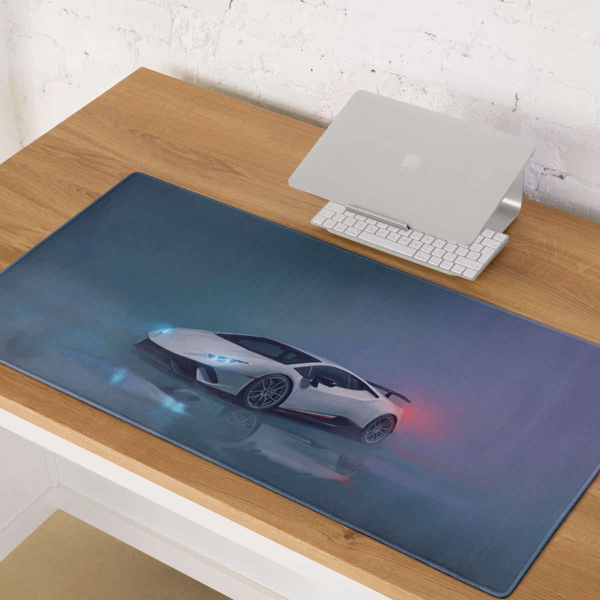 A sleek dark gray lamborghini huracán inspired white desk mat with glowing blue and red accents high-precision gaming mousepad